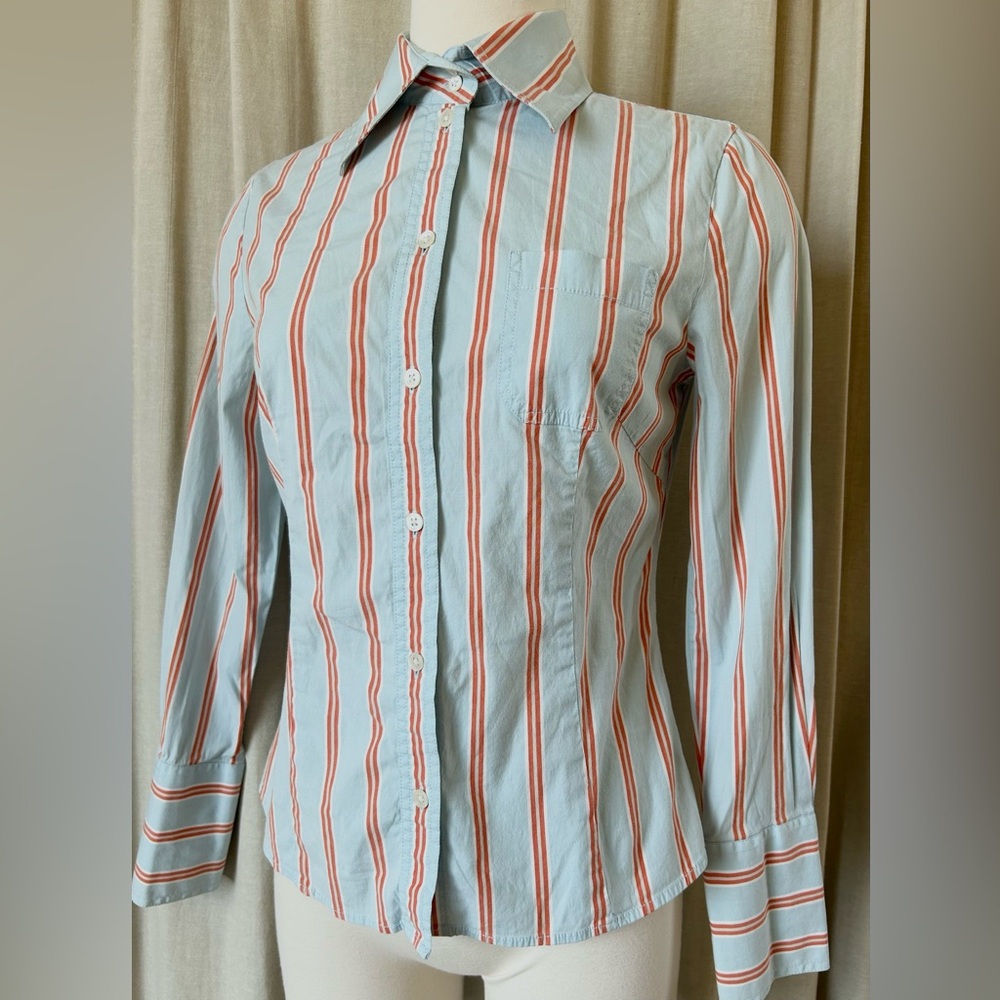 Y2K Esprit Striped Button-Up – Blue Shirt with Orange Detail